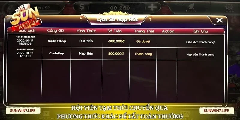 Hội viên tạm thời chuyển qua phương thức khác để tất toán thưởng